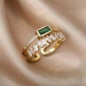 Boho Style Women Double Layer Emerald Green Gold Ring Synthetic Cubic Zirconia